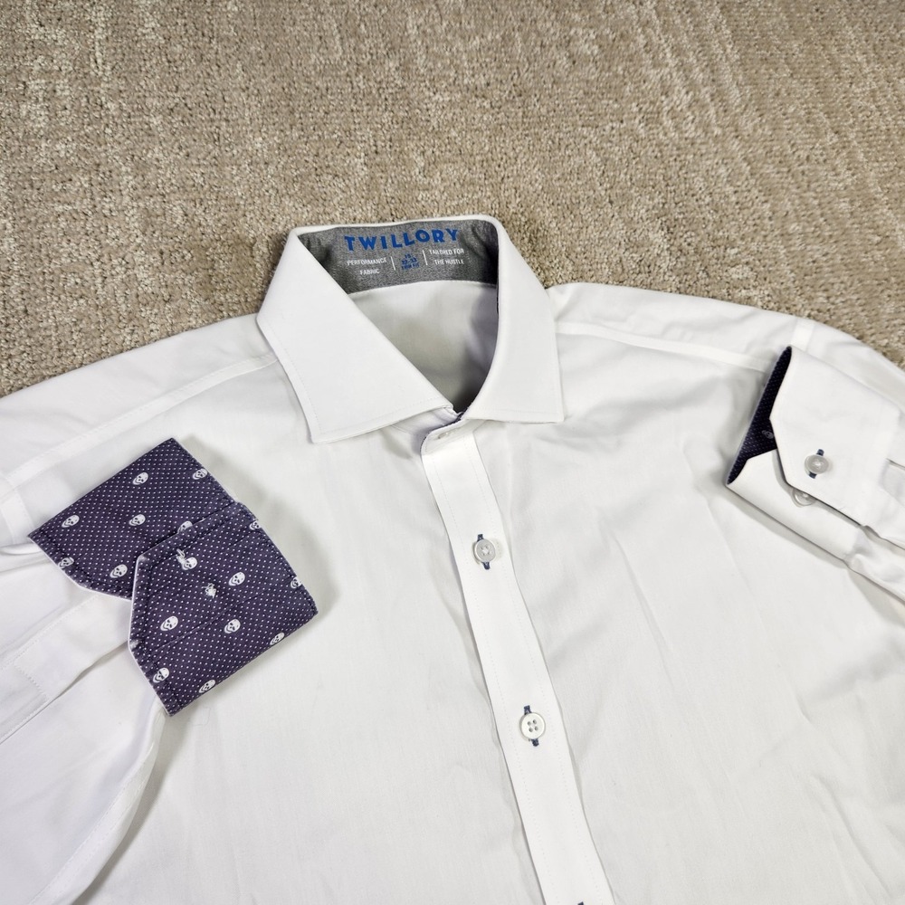 Twillory Shirt Men 15 Trim Fit White Skull Flip Cuff Performance Coolmax Button
